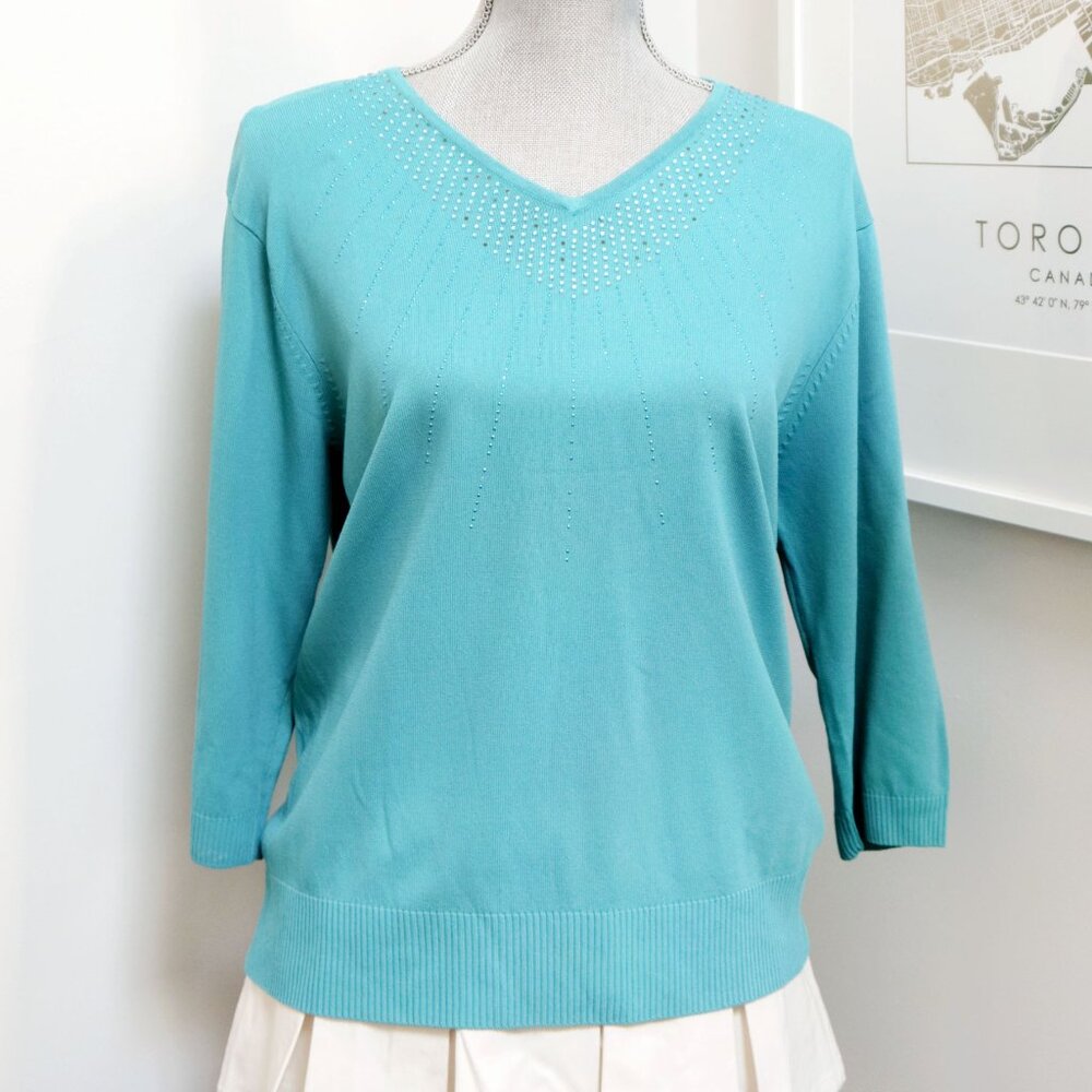 Turquoise Thin V-Neck Sweater w/ Rhinestone Neckline 🐬 ASIAN BRAND
